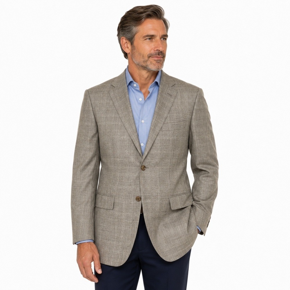 Astor &‎ Black Blazer Mens 42R Tan Grey Glen Plaid Bespoke Two Button Sport Coat